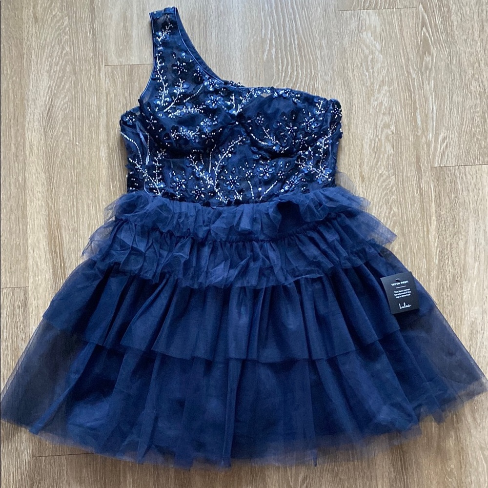 MOVING SALE - Fanciful Charm Navy Mesh Beaded Tiered One-Shoulder Mini Dress
